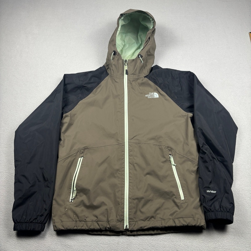 The North Face HyVent Rain Jacket Mens Small Brown Black Hooded Shell A7N8